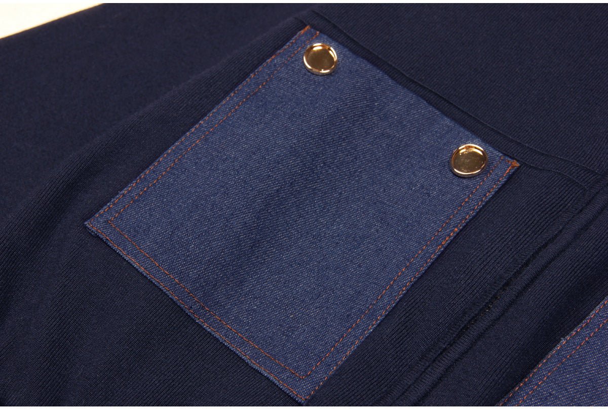 Amaya Blue Knit and Denim Zip-Up Jacket with Buttoned Pockets and Ribbed Cuffs