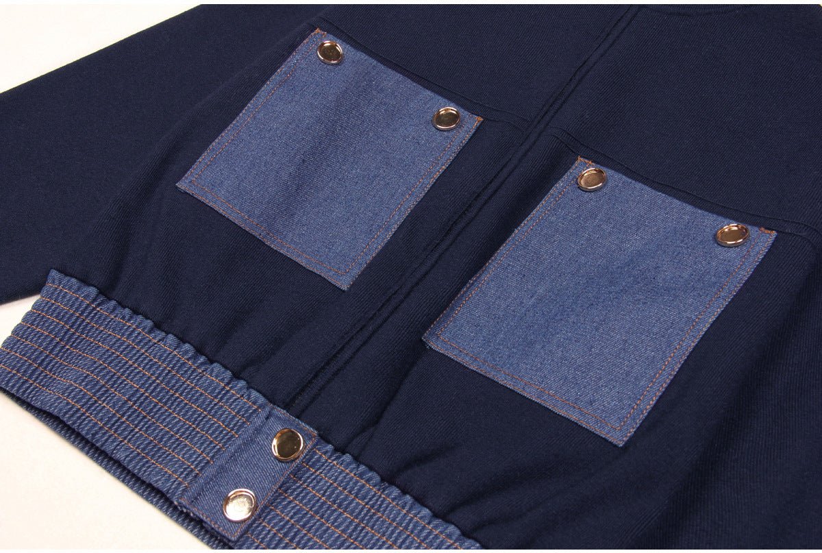Amaya Blue Knit and Denim Zip-Up Jacket with Buttoned Pockets and Ribbed Cuffs
