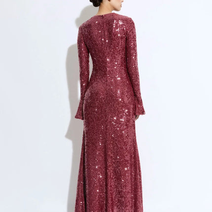 Amaya wearing Scarlett Red Glamour Gown Sunset Vibes luxury Italy O-neck natural waist ankle-length full-length sleeves A-line silhouette premium synthetic blend stretch comfort style iconic luxury glamour