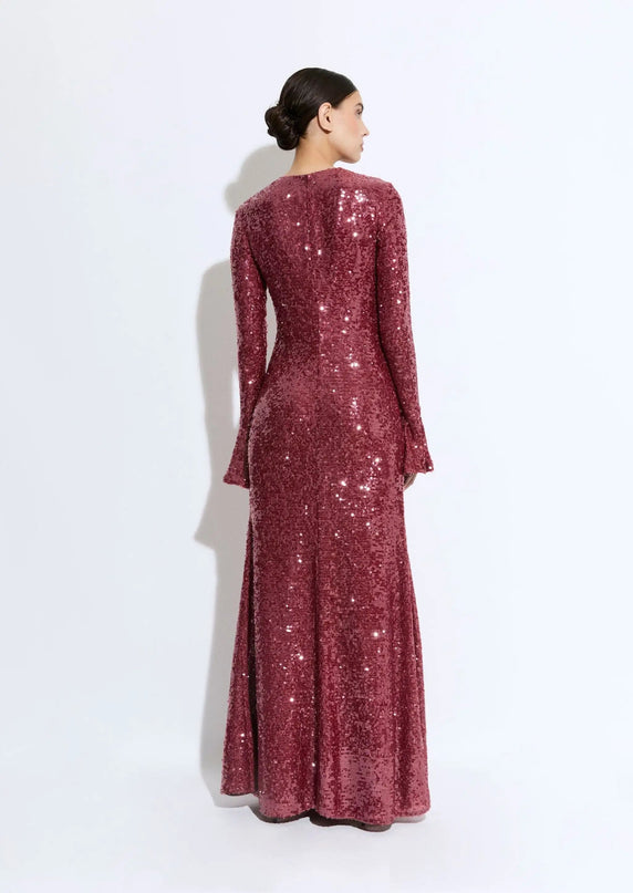 Amaya wearing Scarlett Red Glamour Gown Sunset Vibes luxury Italy O-neck natural waist ankle-length full-length sleeves A-line silhouette premium synthetic blend stretch comfort style iconic luxury glamour