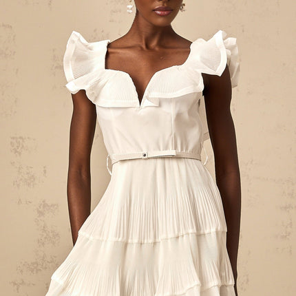Amaya White Mini Dress Sweetheart Frilled Pleated Boned Belt loops Detachable waist belt Polyester Cotton Full lining Flared skirt Thigh-length