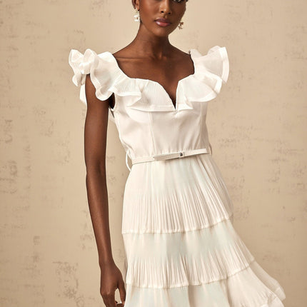Amaya White Mini Dress Sweetheart Neckline Frilled Pleated Accents Boned Bodice Belt Loops Detachable Waist Belt Polyester Cotton Full Lining Flared Skirt Thigh-length