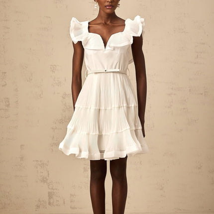 Amaya White Mini Dress Sweetheart Neckline Frilled Pleated Boned Belt Loops Detachable Waist Belt Polyester Cotton Full Lining Flared Skirt Thigh-length