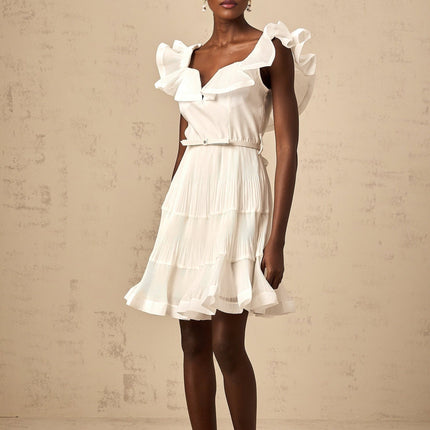 Amaya White Mini Dress Sweetheart Neckline Frilled Pleated Boned Belt Loops Detachable Waist Belt Polyester Cotton Full Lining Flared Skirt Thigh-length