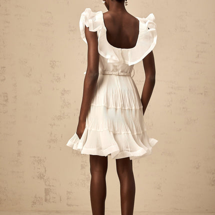 Amaya White Mini Dress with Sweetheart neckline and Frilled detailing Pleated accents and Boned bodice for structured fit Belt loops and Detachable waist belt crafted from 85% Polyester and 15% Cotton Full lining and Flared skirt for graceful finish Thigh-length masterpiece