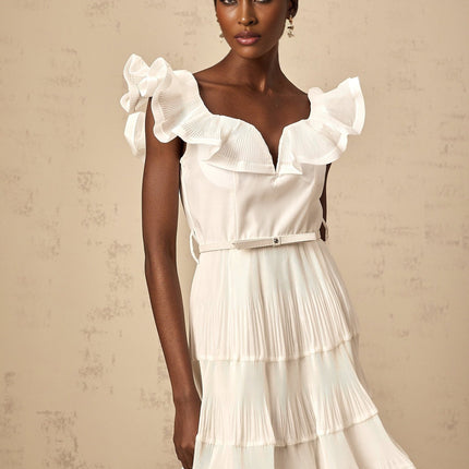 Amaya White Mini Dress Sweetheart Neckline Frilled Pleated Accents Boned Bodice Belt Loops Detachable Waist Belt Polyester Cotton Full Lining Flared Skirt Thigh-length