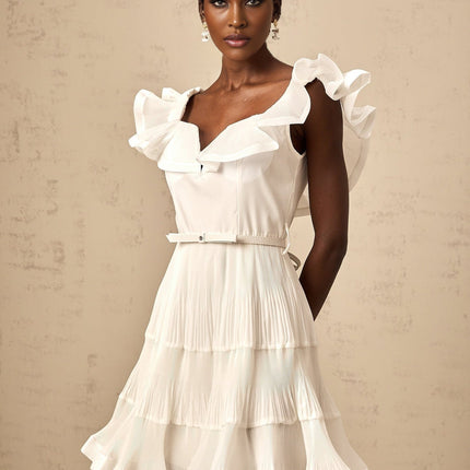 Amaya White Mini Dress Sweetheart neckline Frilled Pleated Boned bodice Belt loops Detachable waist belt Polyester Cotton Full lining Flared skirt Thigh-length
