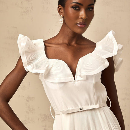 Amaya White Mini Dress Sweetheart Neckline Frilled Pleated Boned Bodice Belt Loops Detachable Waist Belt Polyester Cotton Full Lining Flared Skirt Thigh-length