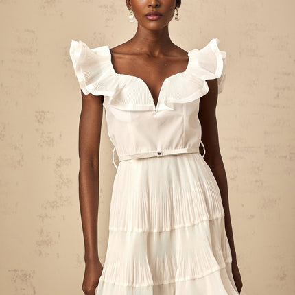 Amaya White Mini Dress Sweetheart Neckline Frilled Pleated Boned Belt Loops Detachable Waist Belt Polyester Cotton Full Lining Flared Skirt Thigh-length