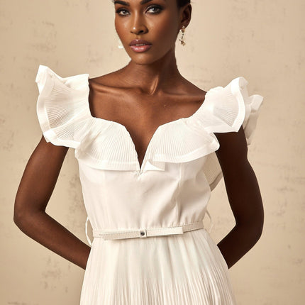 Amaya White Mini Dress Sweetheart Neckline Frilled Pleated Boned Belt Loops Detachable Waist Belt Polyester Cotton Full Lining Flared Skirt Thigh-length