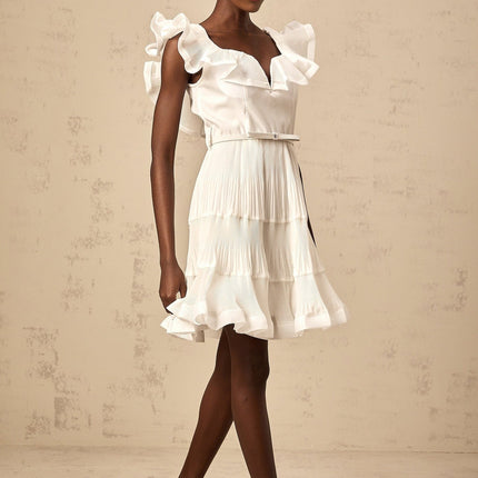 Amaya White Mini Dress Sweetheart Neckline Frilled Pleated Boned Bodice Belt Loops Detachable Waist Belt Polyester Cotton Full Lining Flared Skirt Thigh-length