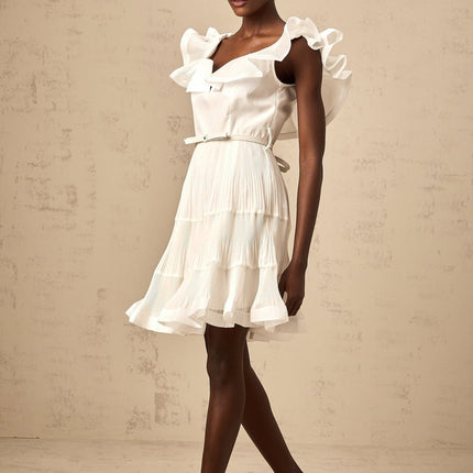 Amaya White Sweetheart Frilled Mini Dress Pleated Boned Belted Thigh-length