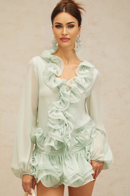Amber Mint Green Chiffon Blouse Skirt Crystal Set