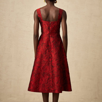 Amber Red Floral Jacquard Midi Dress with Square Neck and Pockets