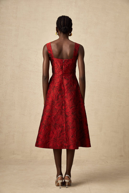 Amber Red Floral Jacquard Midi Dress with Square Neck and Pockets