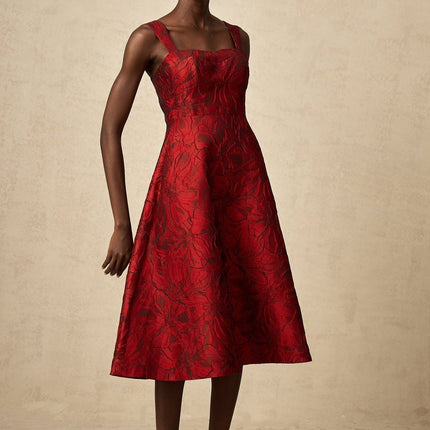 Amber Red Floral Jacquard Midi Dress Square Neck Wide Straps Flared Skirt Pockets Zip Fastening Polyester Spandex Sophisticated Elegance
