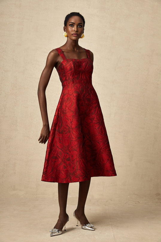 Amber Red Floral Jacquard Midi Dress Square Neck Wide Straps Flared Skirt Pockets Zip Fastening Polyester Spandex Sophisticated Elegance