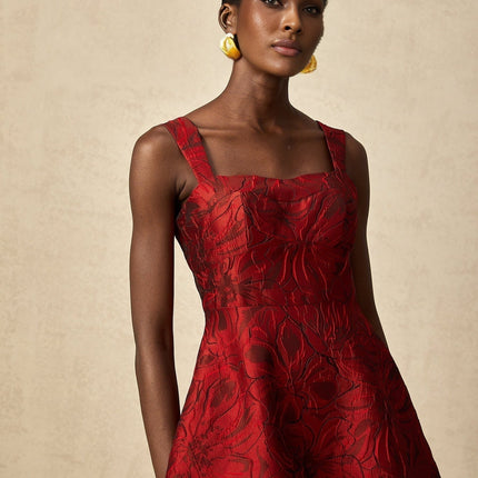 Amber Red Floral Jacquard Midi Dress with Square Neck and Pockets