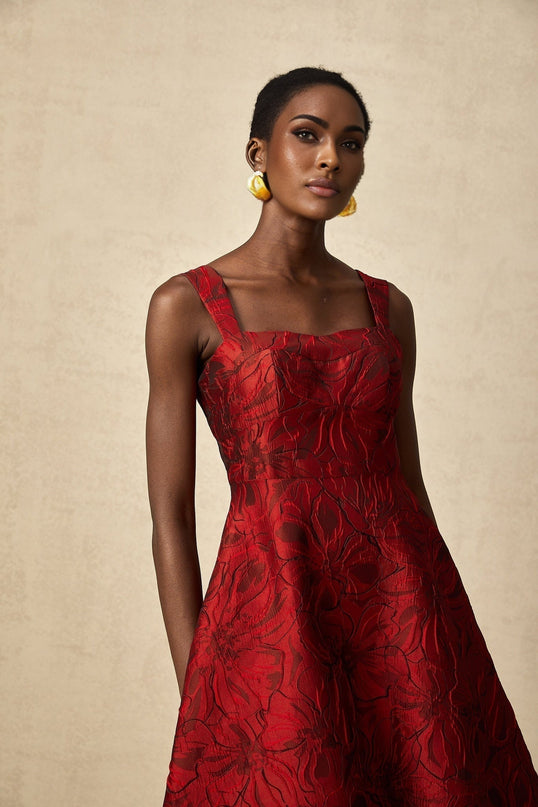 Amber Red Floral Jacquard Midi Dress with Square Neck and Pockets