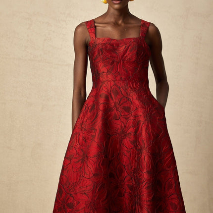 Amber Red Floral Jacquard Midi Dress with Square Neck and Pockets