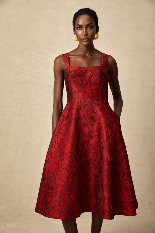 Amber Red Floral Jacquard Midi Dress with Square Neck and Pockets