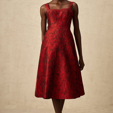 Amber Red Floral Jacquard Midi Dress with Square Neck and Pockets