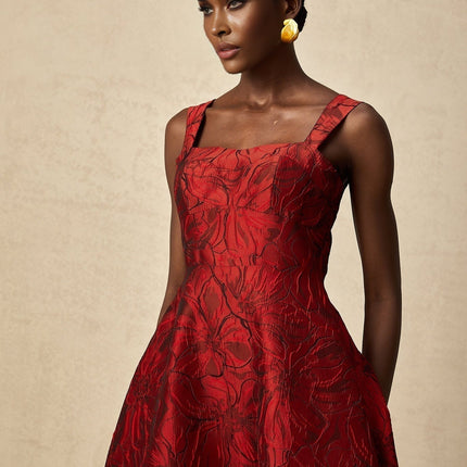 Amber Red Floral Jacquard Midi Dress