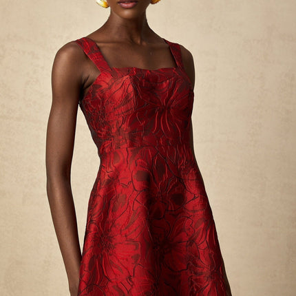Amber Red Floral Jacquard Midi Dress with Square Neck and Pockets