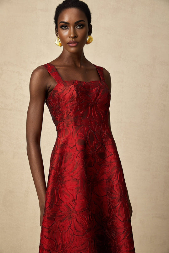 Amber Red Floral Jacquard Midi Dress with Square Neck and Pockets