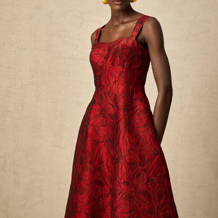Amber Red Floral Jacquard Midi Dress