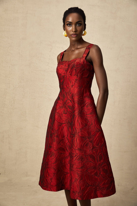 Amber Red Floral Jacquard Midi Dress