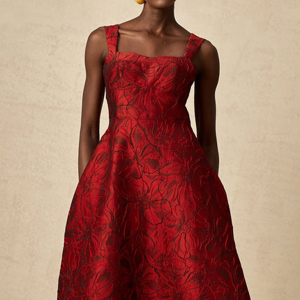 Amber Red Floral Midi Dress in Luxurious Jacquard Fabric with Square Neck and Flared Skirt