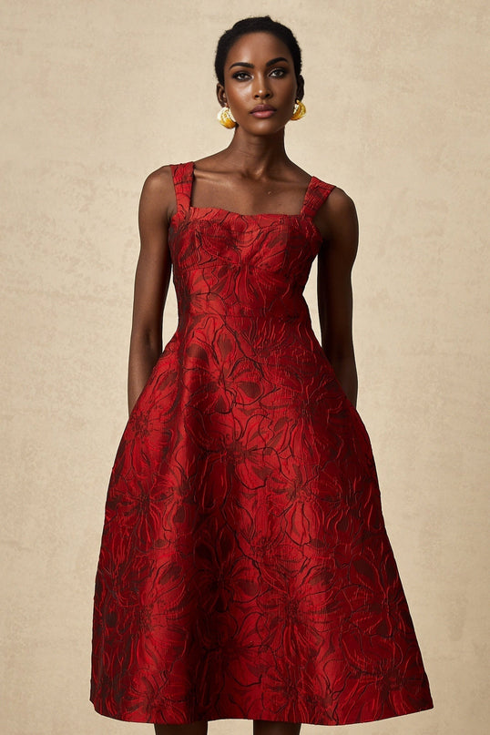 Amber Red Floral Midi Dress in Luxurious Jacquard Fabric with Square Neck and Flared Skirt