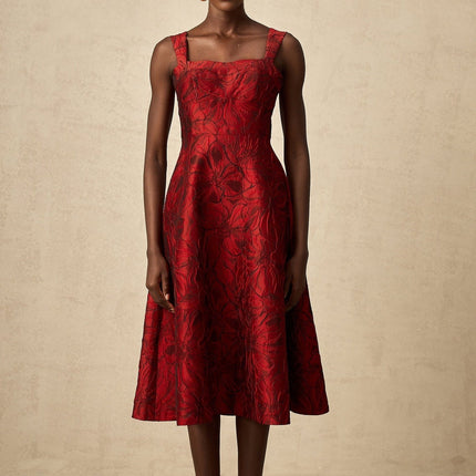 Amber Red Floral Midi Dress Square Neck Wide Shoulder Straps Flared Skirt Side Pockets Rear Zip Fastening Polyester Spandex Sophisticated Ensemble