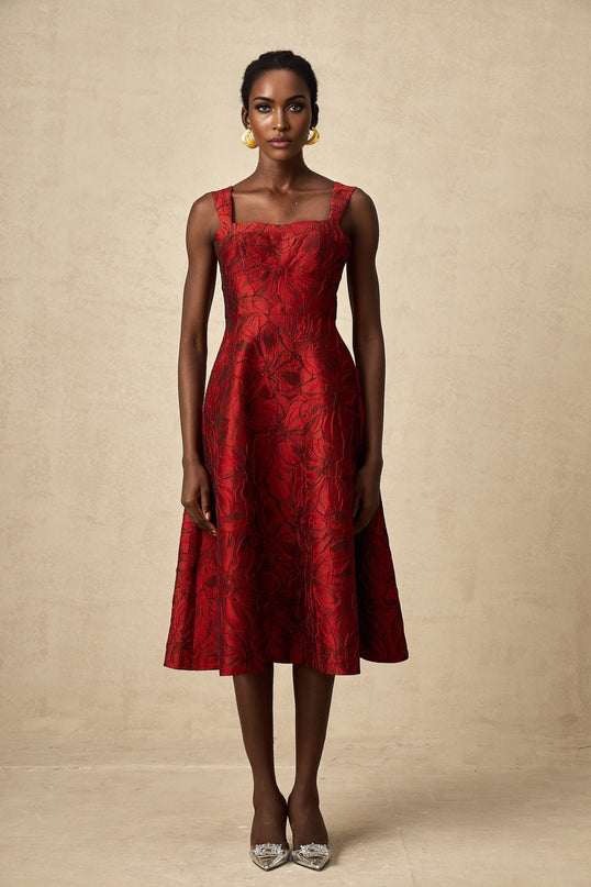 Amber Red Floral Midi Dress Square Neck Wide Shoulder Straps Flared Skirt Side Pockets Rear Zip Fastening Polyester Spandex Sophisticated Ensemble