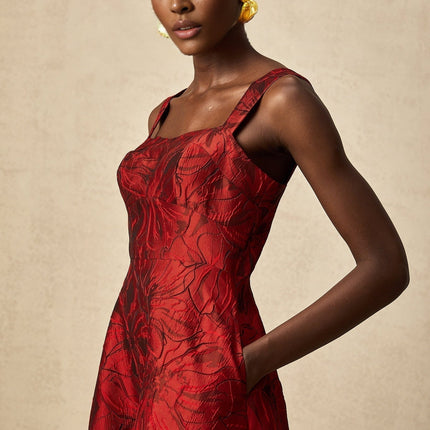 Amber Red Floral Midi Dress in Luxurious Jacquard Fabric with Square Neck and Flared Skirt