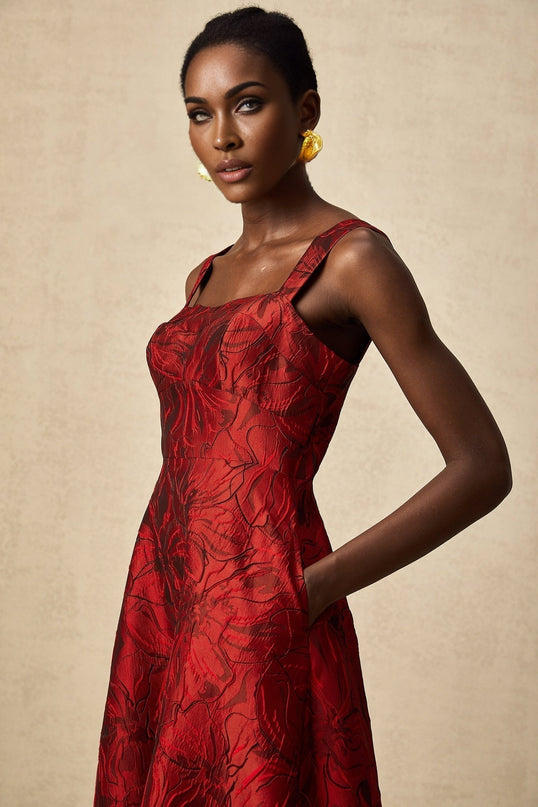 Amber Red Floral Midi Dress in Luxurious Jacquard Fabric with Square Neck and Flared Skirt