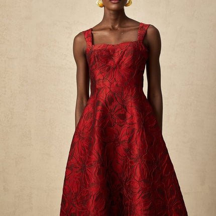 Amber Red Floral Midi Dress in Luxurious Jacquard Fabric