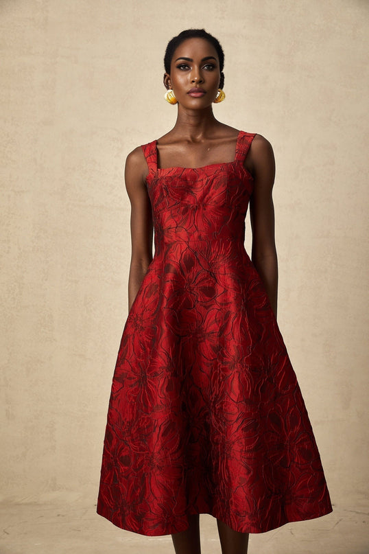 Amber Red Floral Midi Dress in Luxurious Jacquard Fabric
