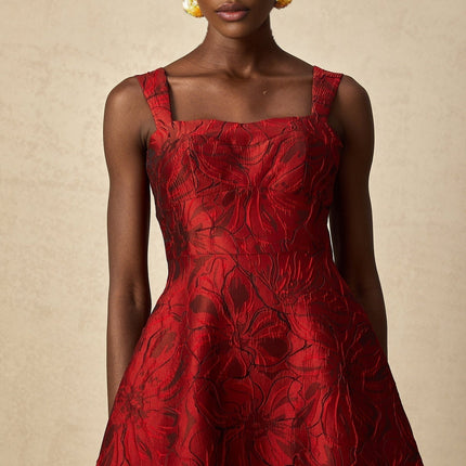 Amber Red Floral Midi Dress in Luxurious Jacquard Fabric with Square Neck and Flared Skirt