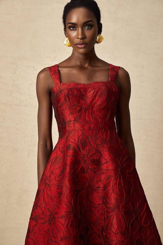 Amber Red Floral Midi Dress in Luxurious Jacquard Fabric with Square Neck and Flared Skirt