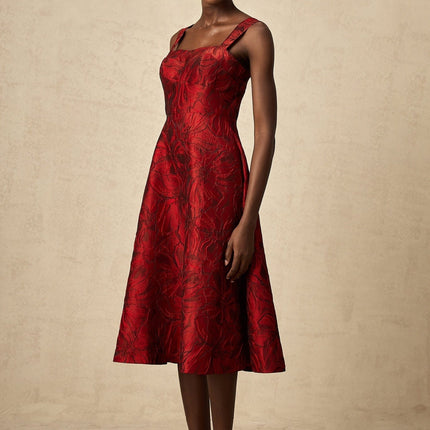 Amber Red Floral Midi Dress in Luxurious Jacquard Fabric with Square Neck and Flared Skirt