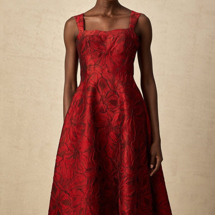 Amber Red Floral Midi Dress Square Neck Wide Shoulder Straps Flared Skirt Side Pockets Rear Zip Fastening Polyester Spandex Blend Sophisticated Ensemble