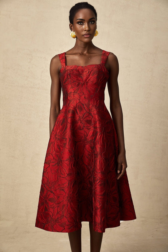 Amber Red Floral Midi Dress Square Neck Wide Shoulder Straps Flared Skirt Side Pockets Rear Zip Fastening Polyester Spandex Blend Sophisticated Ensemble