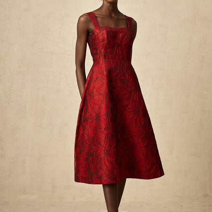 Amber Red Floral Midi Dress in Luxurious Jacquard Fabric with Square Neck and Flared Skirt