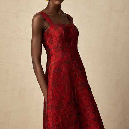 Amber Red Floral Midi Dress Square Neck Wide Shoulder Straps Flared Skirt Side Pockets Rear Zip Fastening Polyester Spandex Blend Sophisticated Ensemble