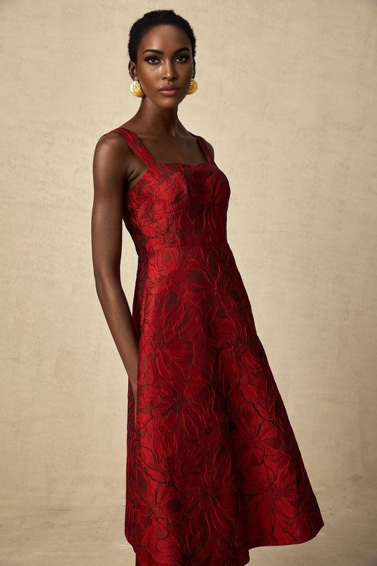 Amber Red Floral Midi Dress Square Neck Wide Shoulder Straps Flared Skirt Side Pockets Rear Zip Fastening Polyester Spandex Blend Sophisticated Ensemble