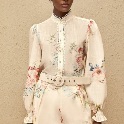 Amber White Floral Print Shirt & Shorts Set in White Terylene Fiber with Faux-Pearl Buttons and Scallop Trim