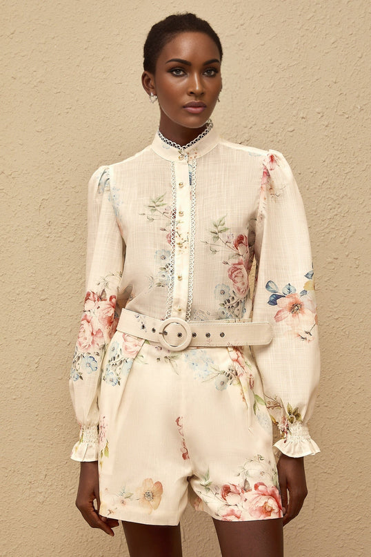 Amber White Floral Print Shirt & Shorts Set in White Terylene Fiber with Faux-Pearl Buttons and Scallop Trim