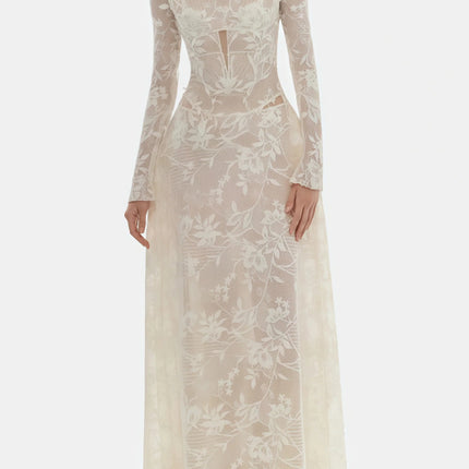 Amber White Long Sleeve Floral Lace Midi Dress